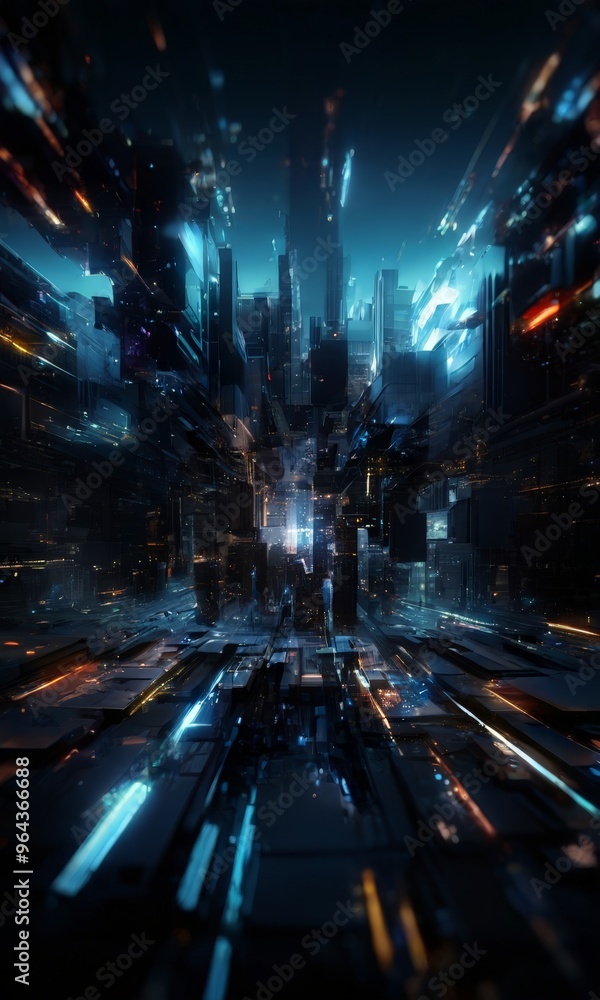 Poster futuristic cityscape, with a multitude of tall buildings and structures illuminated by a myriad of l