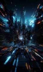 futuristic cityscape, with a multitude of tall buildings and structures illuminated by a myriad of lights, creating a sense of depth and dimensionality. The city is bathed in a