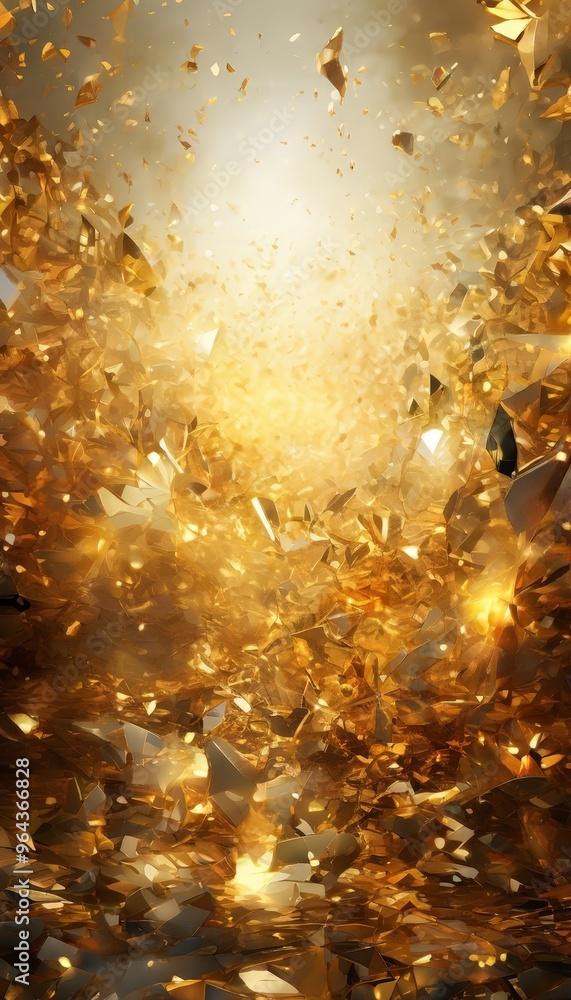 Poster a chaotic and dynamic scene of golden shards and fragments scattered across a dark background, creat