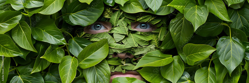 Poster environmentalist's visage made of leaves and branches and rainforest setting