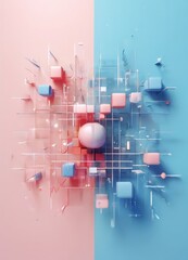 Fototapeta premium complex arrangement of cubes and spheres, with a pink and blue color scheme. The cubes are scattered in a grid-like pattern, while the spheres are randomly placed, creating a