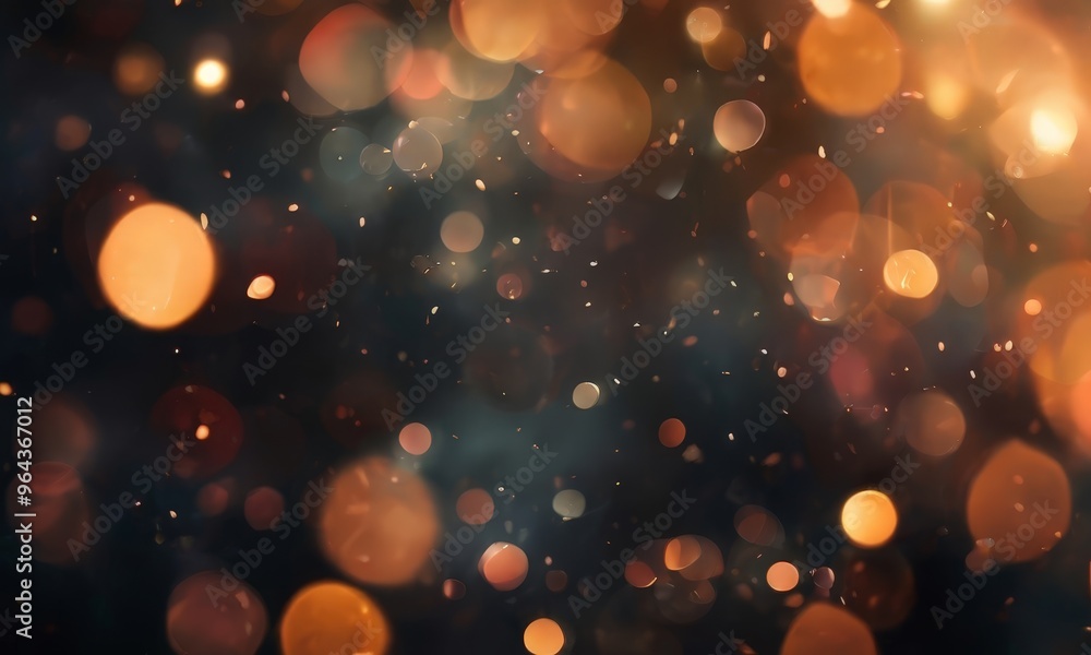 Poster dark background with a multitude of small, circular lights in various shades of orange and yellow, c
