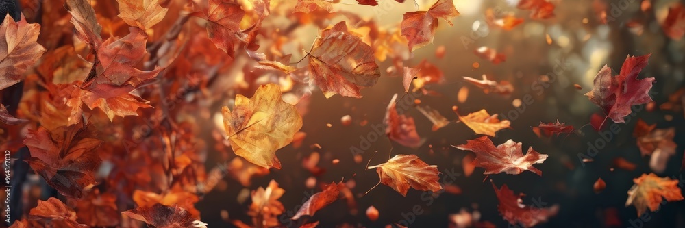 Poster autumn leaves in various shades of orange and yellow are falling from a tree, creating a dynamic and