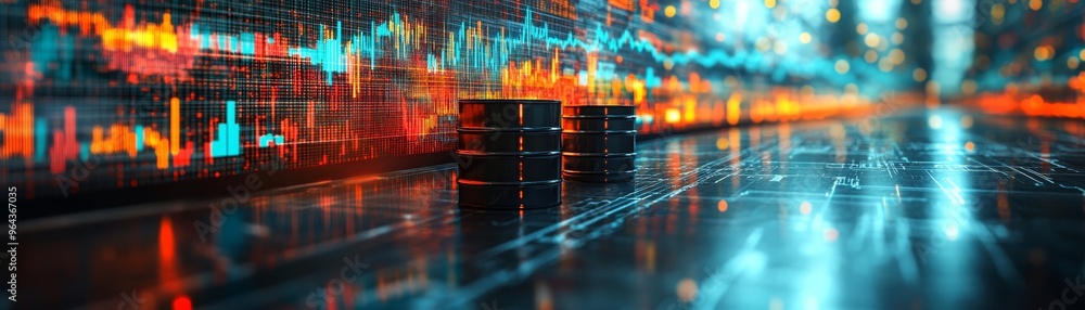 Poster vibrant digital data visualization with glowing lines and stacks representing financial growth and t