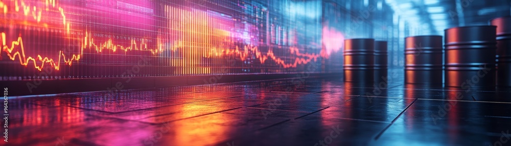 Poster futuristic data center with vibrant lights and digital graphs reflecting on polished surfaces, symbo
