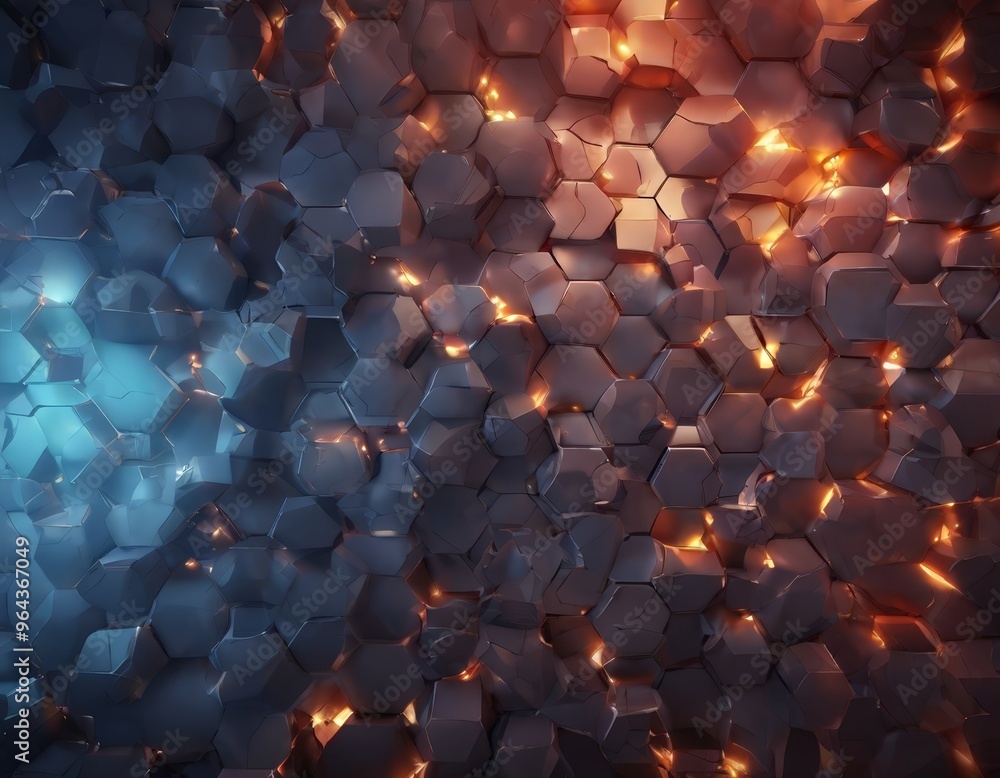Poster hexagonal pattern composed of black and gray hexagons, with some areas illuminated by a warm orange 