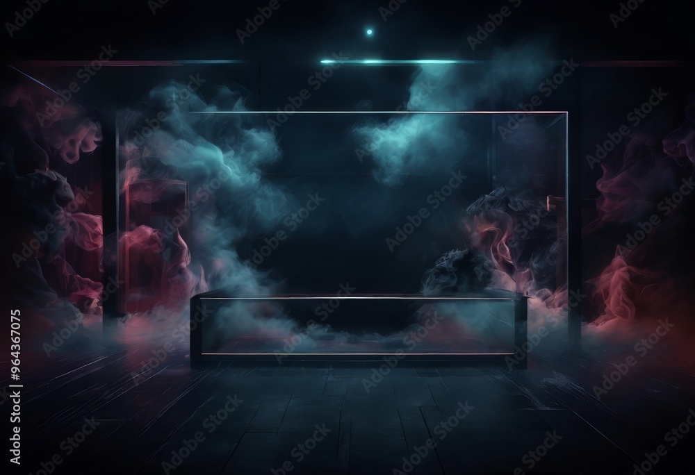 Poster a dark, foggy room with a large, rectangular structure in the center, illuminated by a green light.