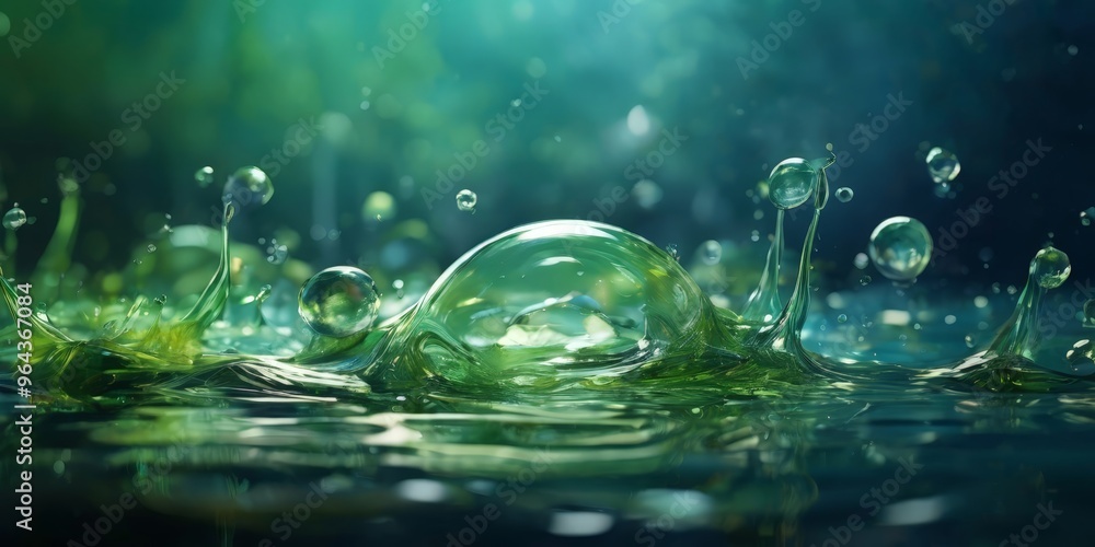 Poster a close-up view of a water droplet, with a greenish hue, surrounded by a multitude of smaller drople