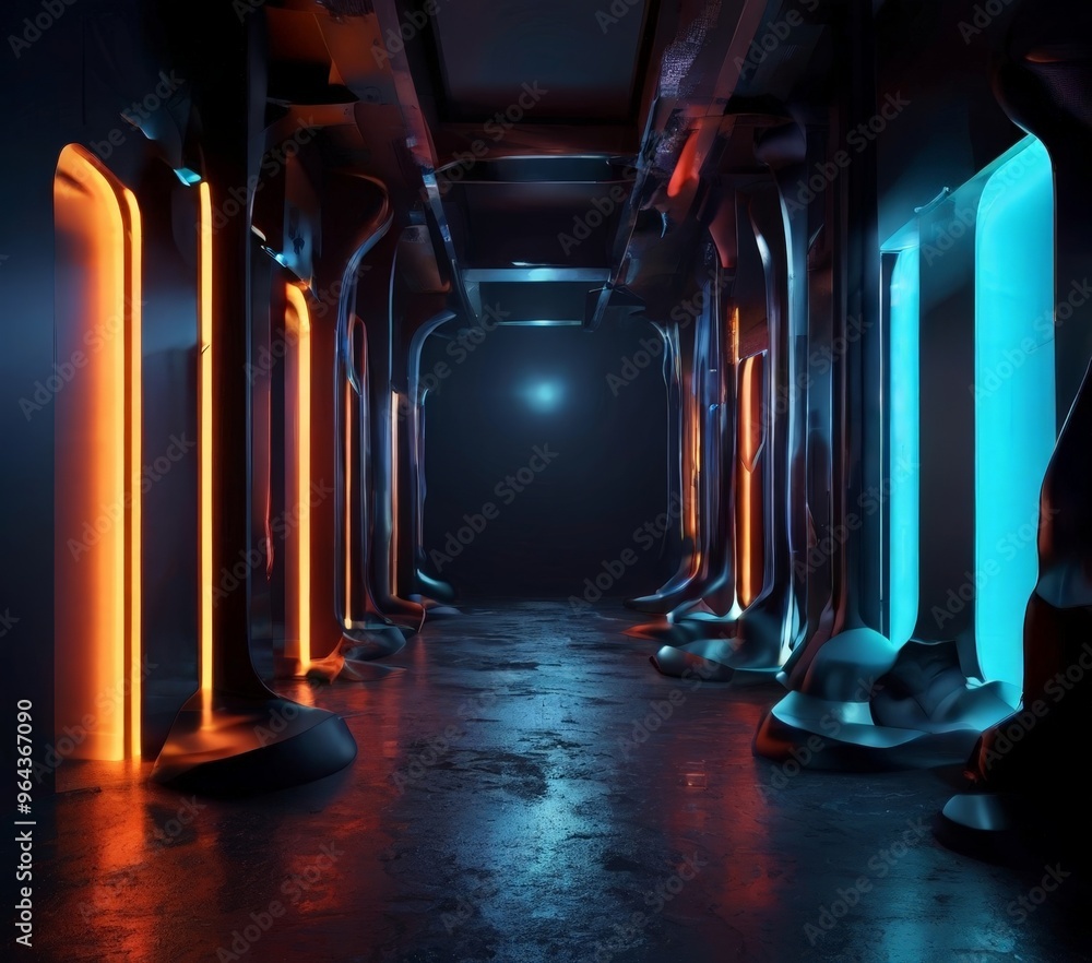 Poster a long, dimly lit corridor with a series of glowing arches on either side, creating a futuristic and