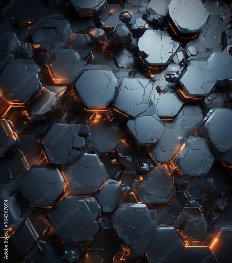 Poster complex pattern of hexagonal shapes, predominantly in shades of black and gray, with some areas illu