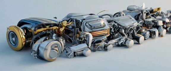 Fototapeta premium A collection of futuristic vehicles, including a car, a motorcycle, and a train, are assembled in a disorganized manner, with various mechanical components and parts scattered across the frame.