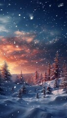 Naklejka premium A serene winter landscape with a snow-covered forest, a vibrant sunset, and falling snowflakes.