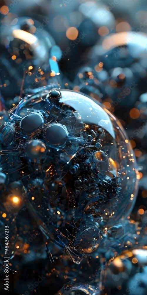 Poster close-up view of a complex, abstract structure composed of various metallic spheres and tubes, with 
