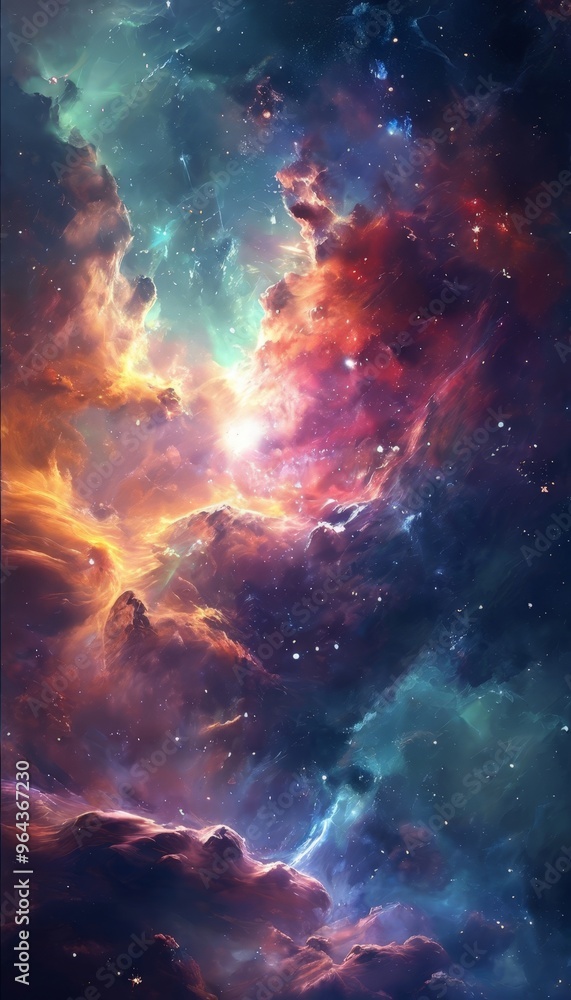 Poster a vibrant cosmic scene with swirling clouds of color and light, creating a sense of depth and dimens