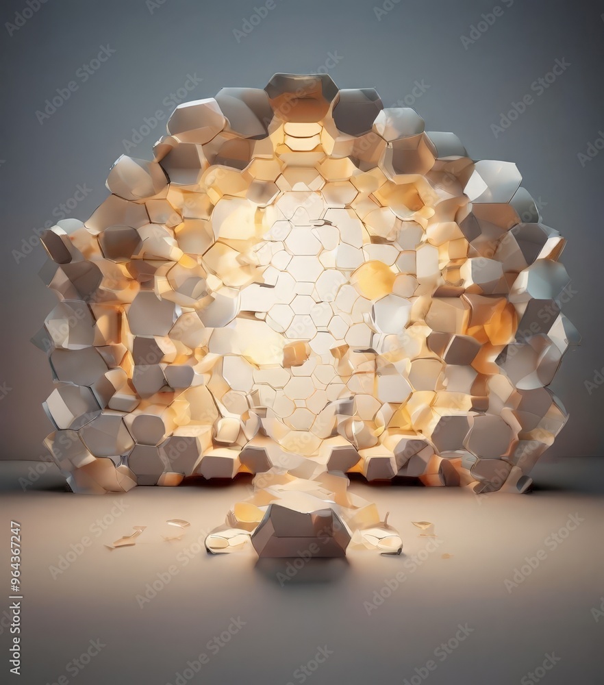Aufkleber a a large, intricate structure composed of numerous hexagonal blocks in varying shades of white and 