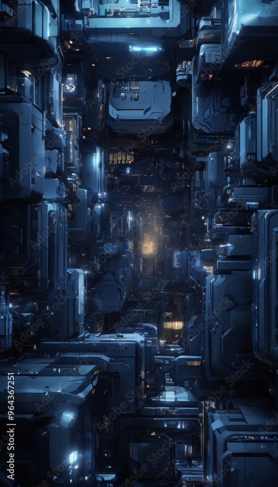 Poster a futuristic cityscape with towering structures and a network of interconnected buildings, illuminat