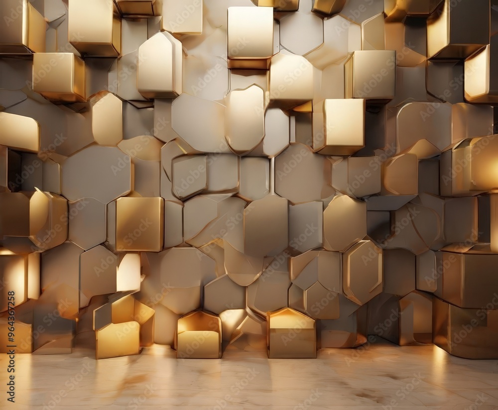 Poster wall composed of numerous golden cubes arranged in a pattern, creating a visually striking and geome