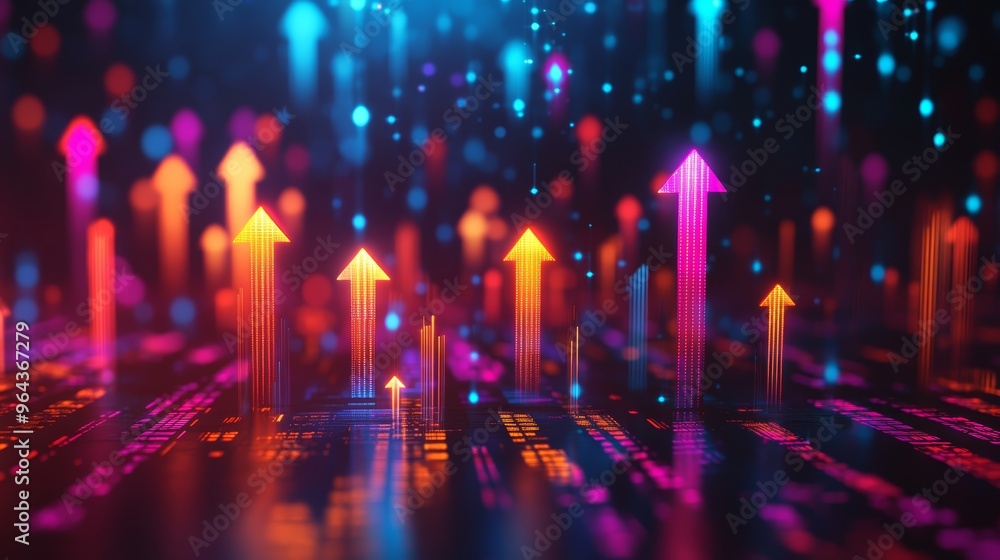 Poster dynamic abstract illustration with vibrant arrows representing growth and progress in a digital spac
