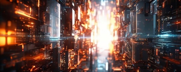 Fototapeta premium a futuristic cityscape with a dense network of tall buildings and structures, illuminated by a myriad of bright lights and glowing with a futuristic aesthetic.