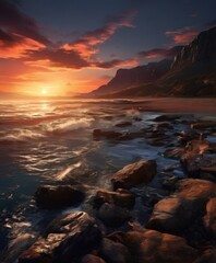 Naklejka premium Sunset over the ocean, with rocky shore and mountains in the background.