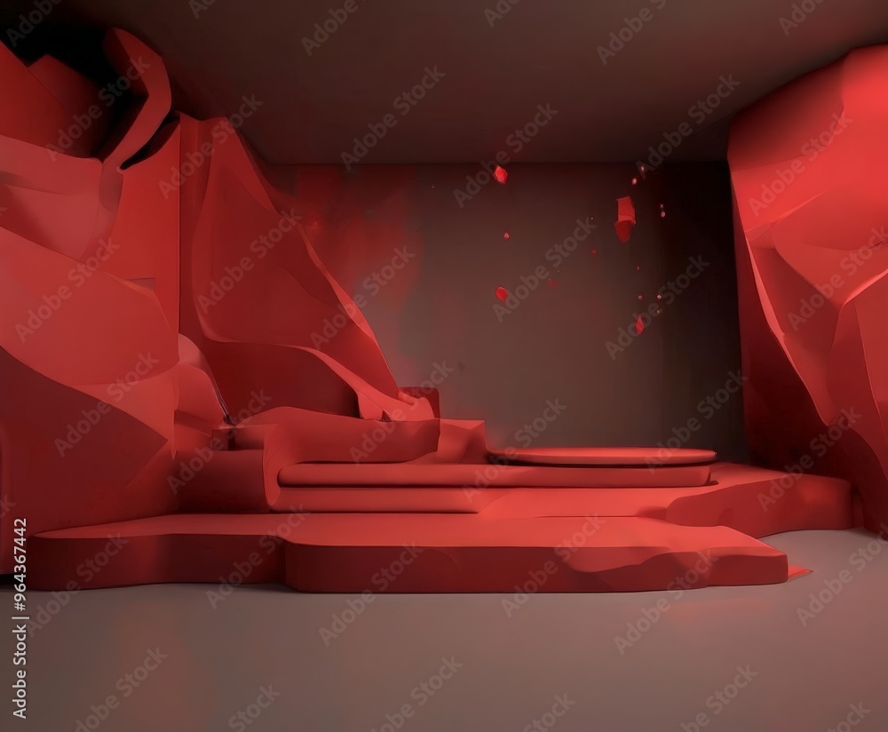 Poster a striking red-themed room with a central platform, a large rock formation on the left, and a circul