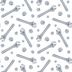 Fototapeta premium Adjustable wrench and screw nut. Seamless pattern with nuts.