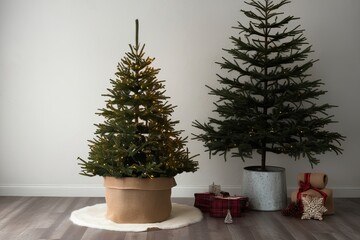 Fototapeta premium Cozy Christmas Tree in Burlap Container on Subdued White Background