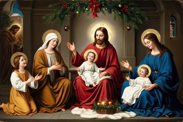 Naklejka premium Timeless Vintage Artwork Depicting the Christ Family Embracing Joy Faith and Tradition