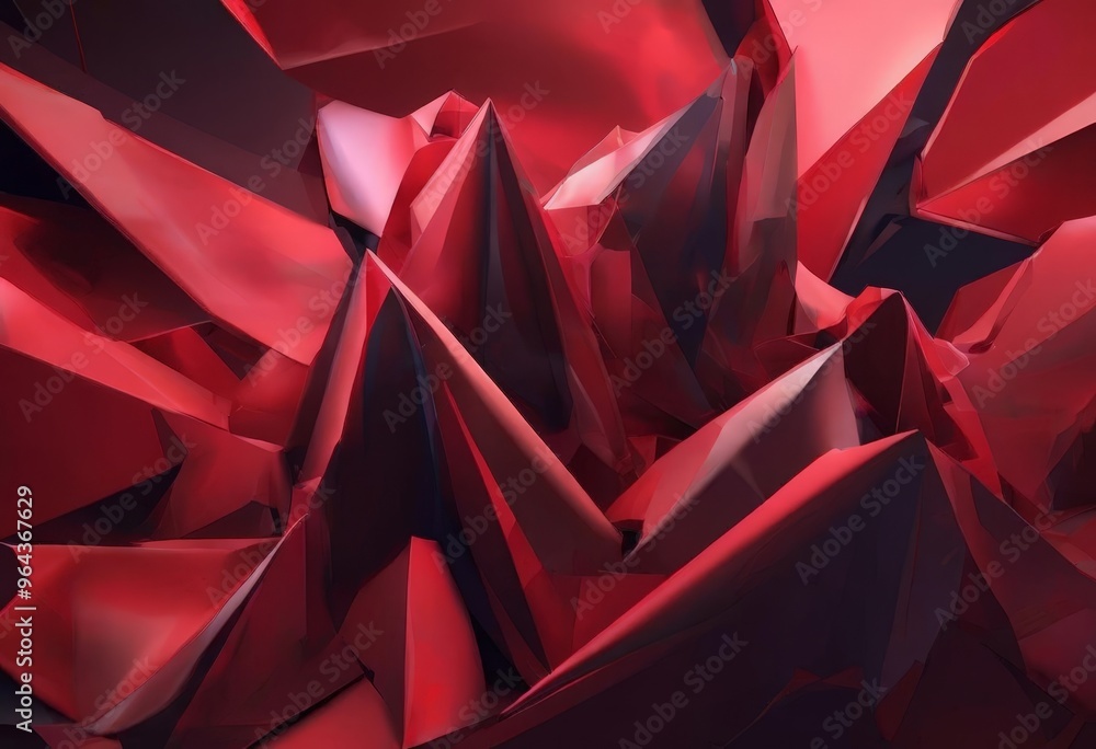 Poster a digital illustration featuring a complex arrangement of red and black geometric shapes, creating a visually striking and abstract composition.