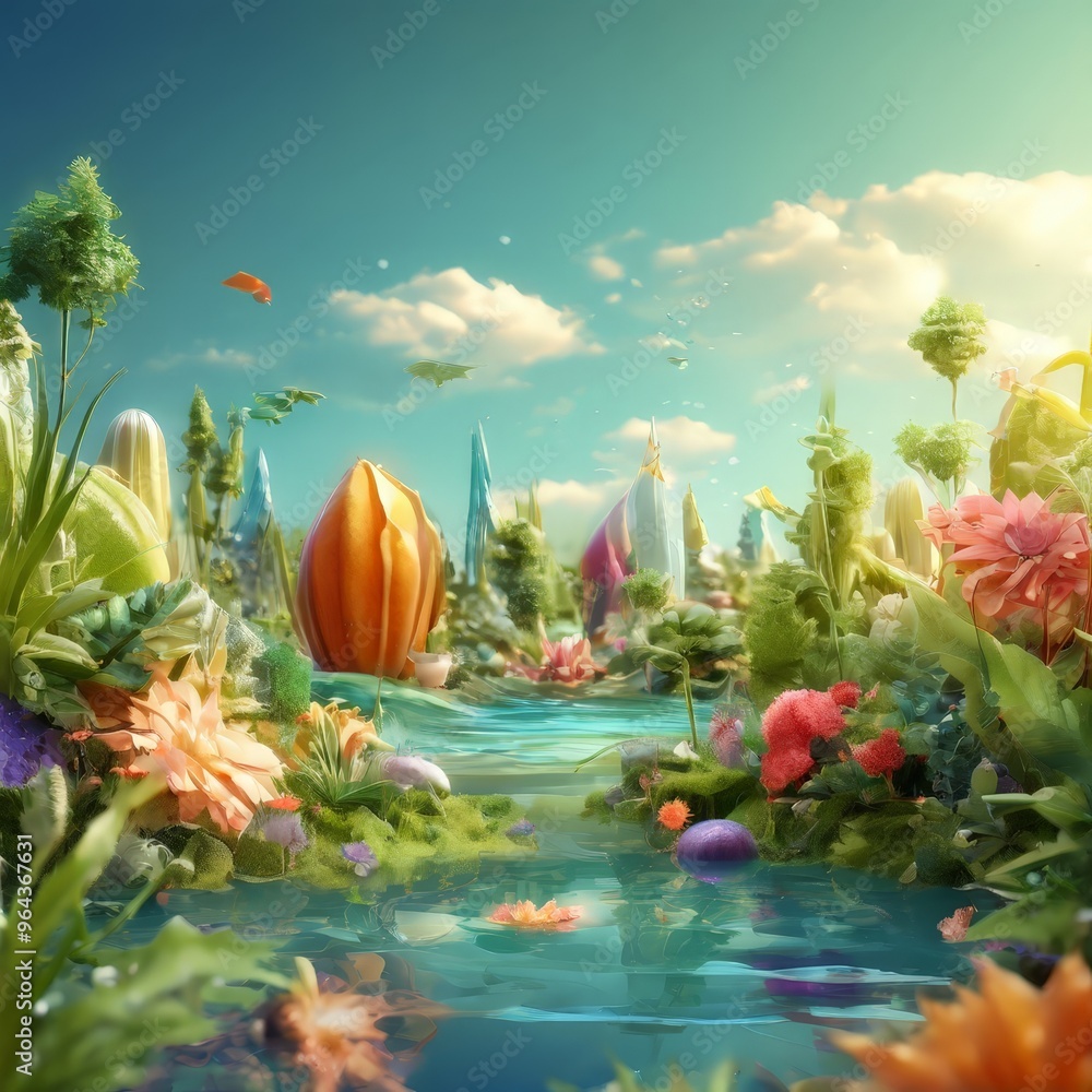 Poster a fantastical, surreal landscape with a river flowing through it, surrounded by an array of colorful
