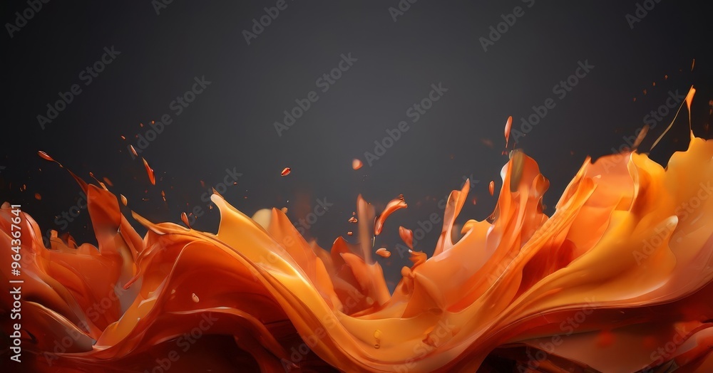 Poster a dynamic scene of orange and red liquid splashing and swirling against a dark background, creating 