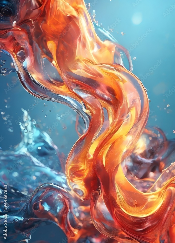 Poster a dynamic and abstract representation of fire and water, with swirling patterns of orange and blue h