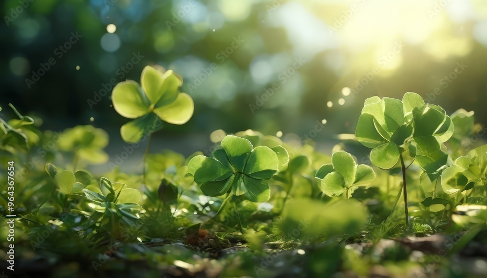 Poster a close-up view of a field of green clover plants with sunlight filtering through the leaves, creati