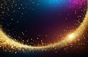 Abstract festive background with glitter, confetti, ribbons and free place for text. New Year, Christmas, birthday, holiday celebration banner