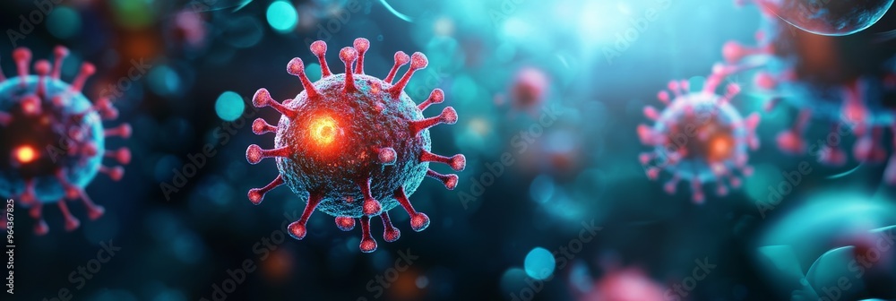 Aufkleber Close-up view of the monkeypox virus particle in a vibrant blue background. Visual representation of the Mpox virus