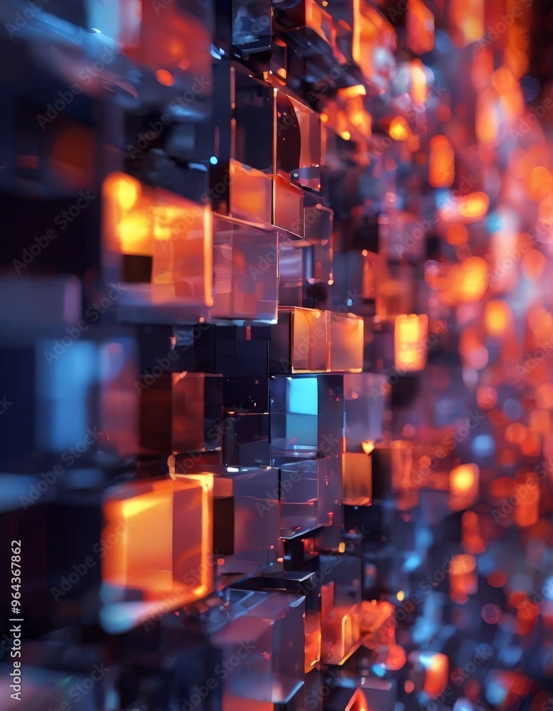 Poster a digital art piece featuring a complex arrangement of multicolored cubes, creating a vibrant and ab