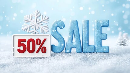 Festive winter sale sign with 50% off, surrounded by snowflakes and a serene snowy background, perfect for holiday promotions.