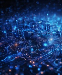 Obraz premium digital circuit board with a complex network of interconnected lines and nodes, illuminated by a myriad of blue and orange lights. The background is dark, creating a stark