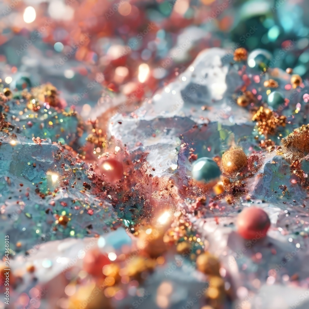 Poster a close-up of a rock surface with a variety of colorful and glittery objects scattered across it, in