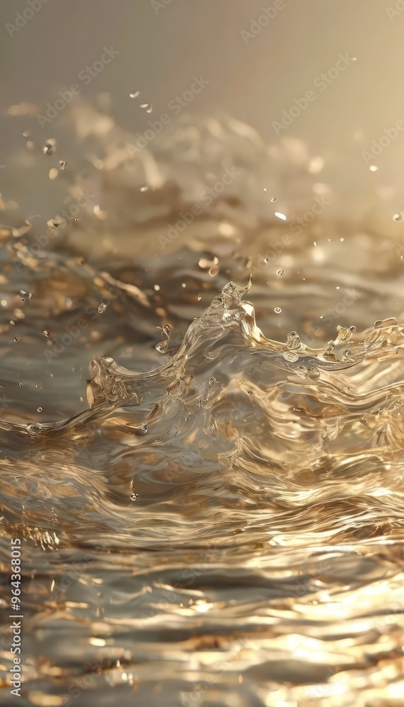 Poster a dynamic scene of water splashing and swirling, with a golden hue that adds a warm and inviting tou