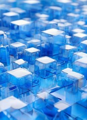 close-up view of numerous blue cubes arranged in a grid-like pattern, creating a visually striking and abstract composition.