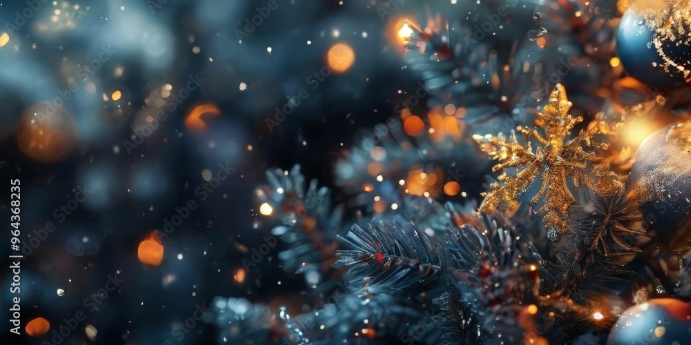 Poster a close-up view of a christmas tree adorned with ornaments and twinkling lights, with a blurred back