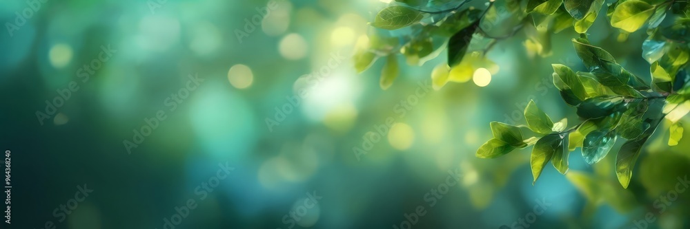 Poster close-up view of lush green leaves with a blurred, bokeh-like background, creating a serene and natu