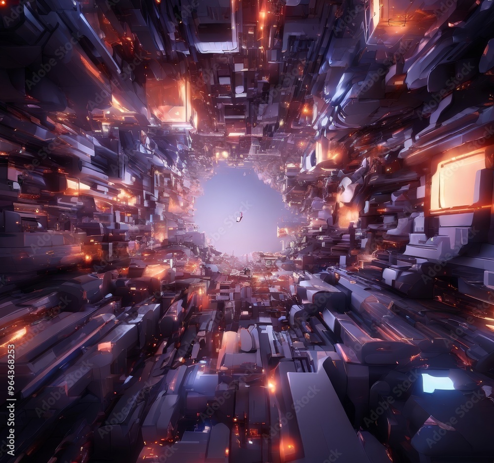 Poster a digital illustration of a futuristic cityscape with a central circular opening surrounded by a com