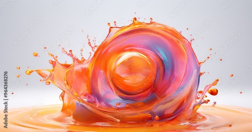 Poster a vibrant splash of orange and pink liquid, with a large splash at the center and smaller splashes s