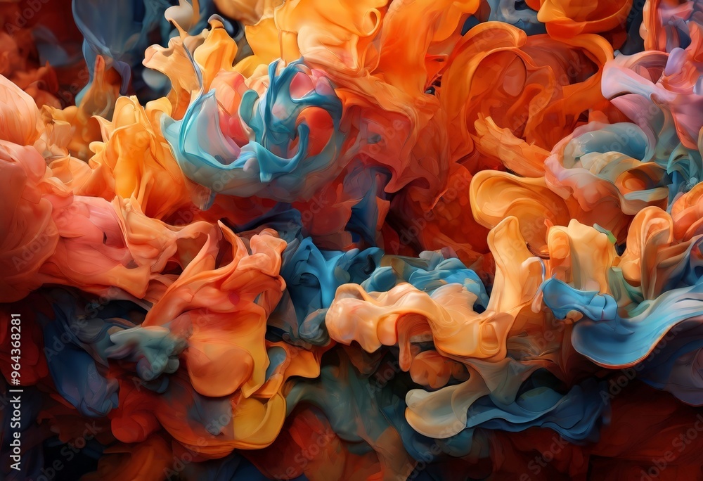 Poster a vibrant abstract composition featuring swirling patterns of orange, blue, and pink hues, creating 