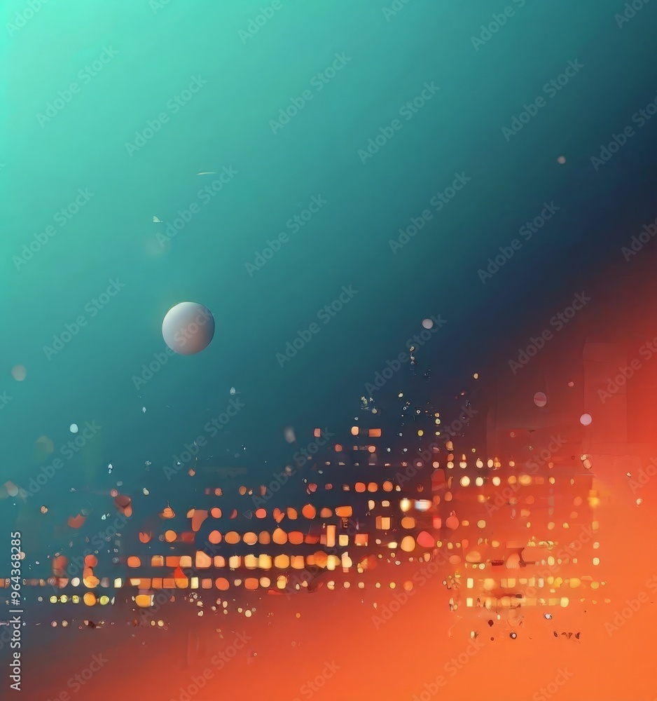Poster a serene night sky with a large, white moon in the top left corner, and a cityscape with numerous li