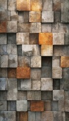 a wall composed of square tiles in various shades of gray, brown, and orange, arranged in a grid-like pattern.