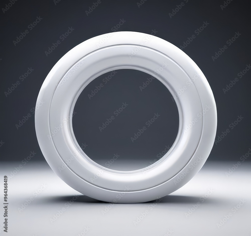 Poster a white, circular object with a central hole is displayed against a dark background, casting a shado