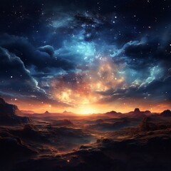 Naklejka premium a breathtaking night sky over a vast, rocky landscape. The sky is filled with numerous stars and a vibrant, colorful sunset. The sun is setting behind the mountains, casting a